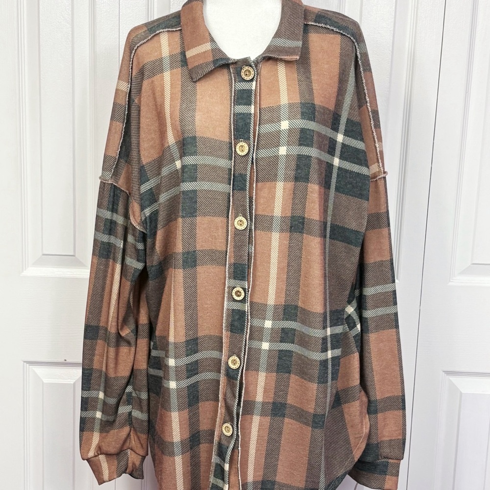 NWT Heimish USA Light Brown Woodsy Plaid Knit Button Up Shacket Jacket 3X